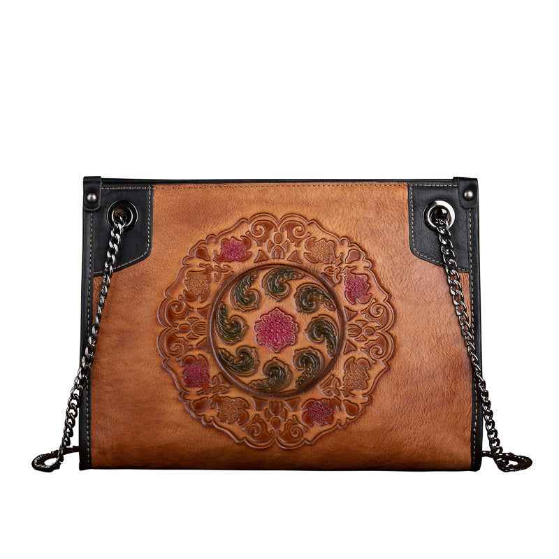 Full-Grain Leather Tote Bag — Embossed Cowhide, Large Capacity