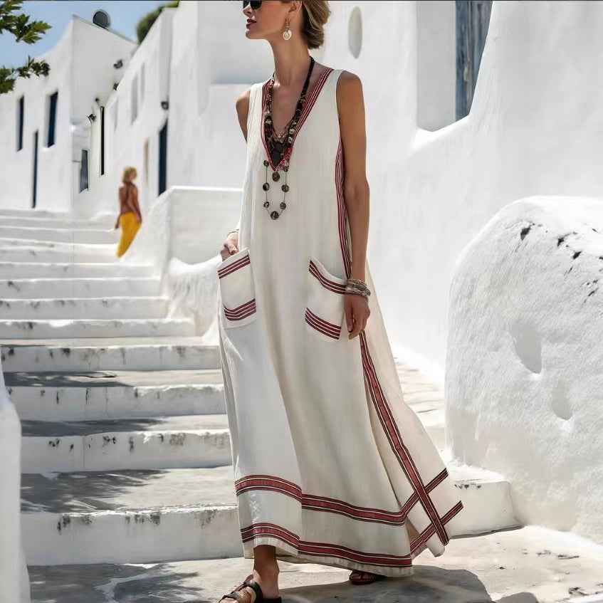 Womens Textured Printed Striped Loose-fit Sleeveless Maxi Dress