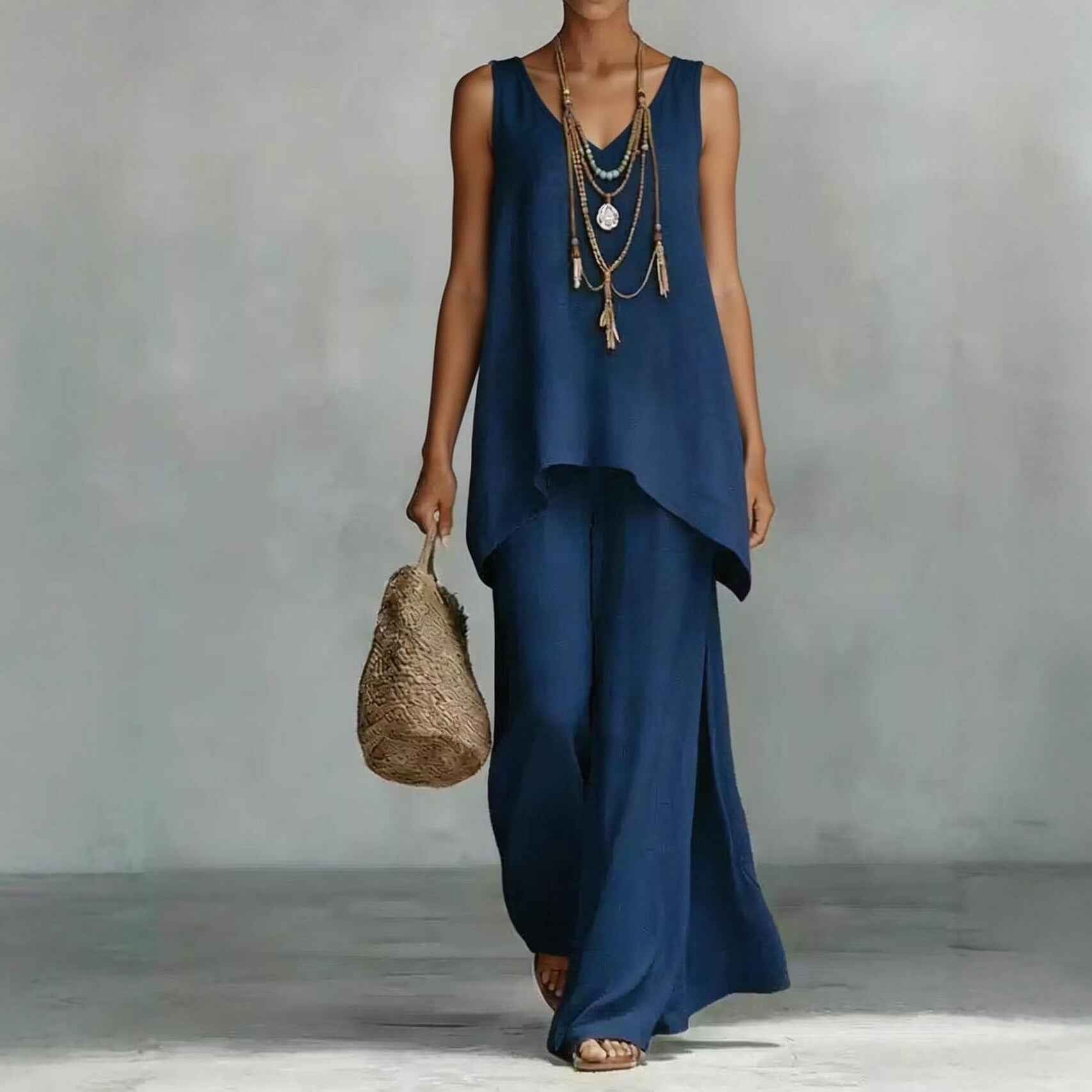 Bohemian V-Neck Vest & Wide-Leg Pants Set