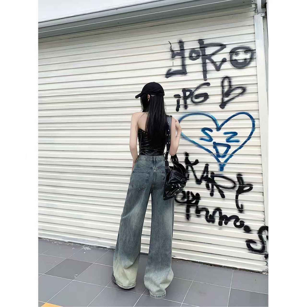Women's High-Waisted Ripped Straight-Leg Jeans – Vintage Blue