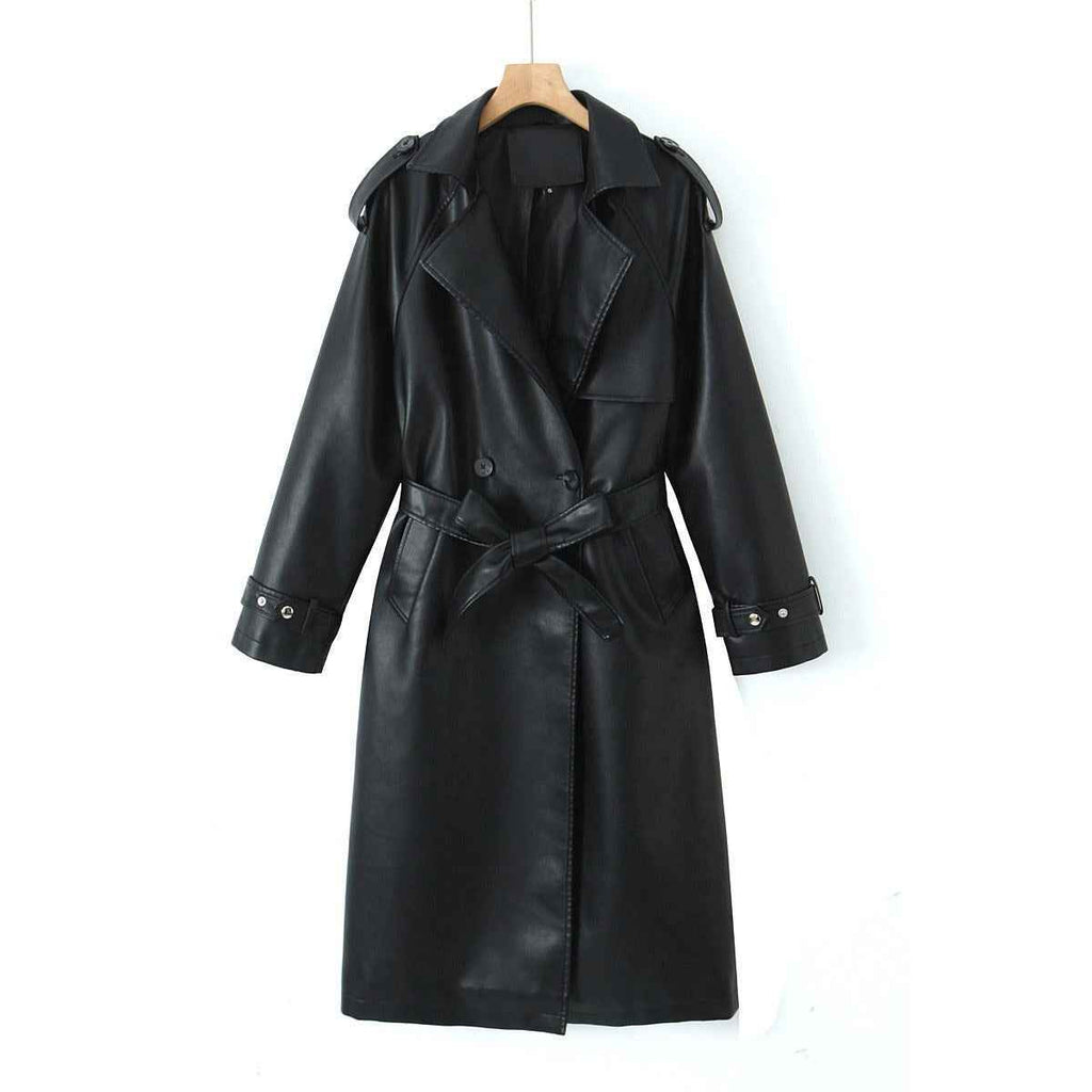 Faux Leather Long Bomber Jacket — 3D Pattern, Loose Fit, British Style