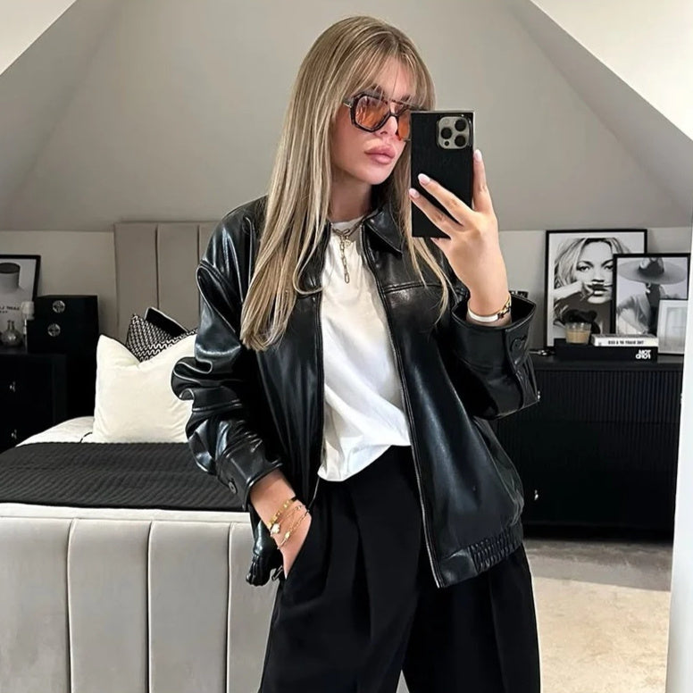 Faux Leather Patchwork Bomber Jacket