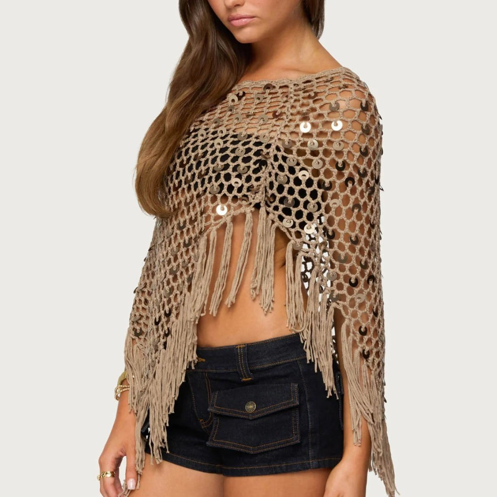 Handmade Sequin-Embroidered Triangle Shawl with Tassels