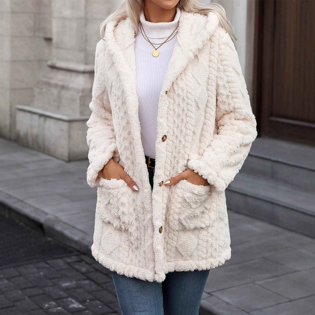 Women's Hooded Button Cardigan Jacket – Thick Knit, Long Sleeve
