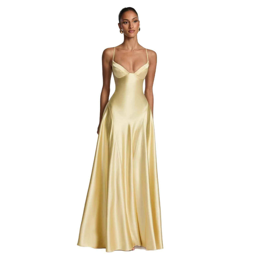 Satin Strapless Waist-cinching Maxi Evening Gown With A Deep V-neck And A Full Skirt In Satin