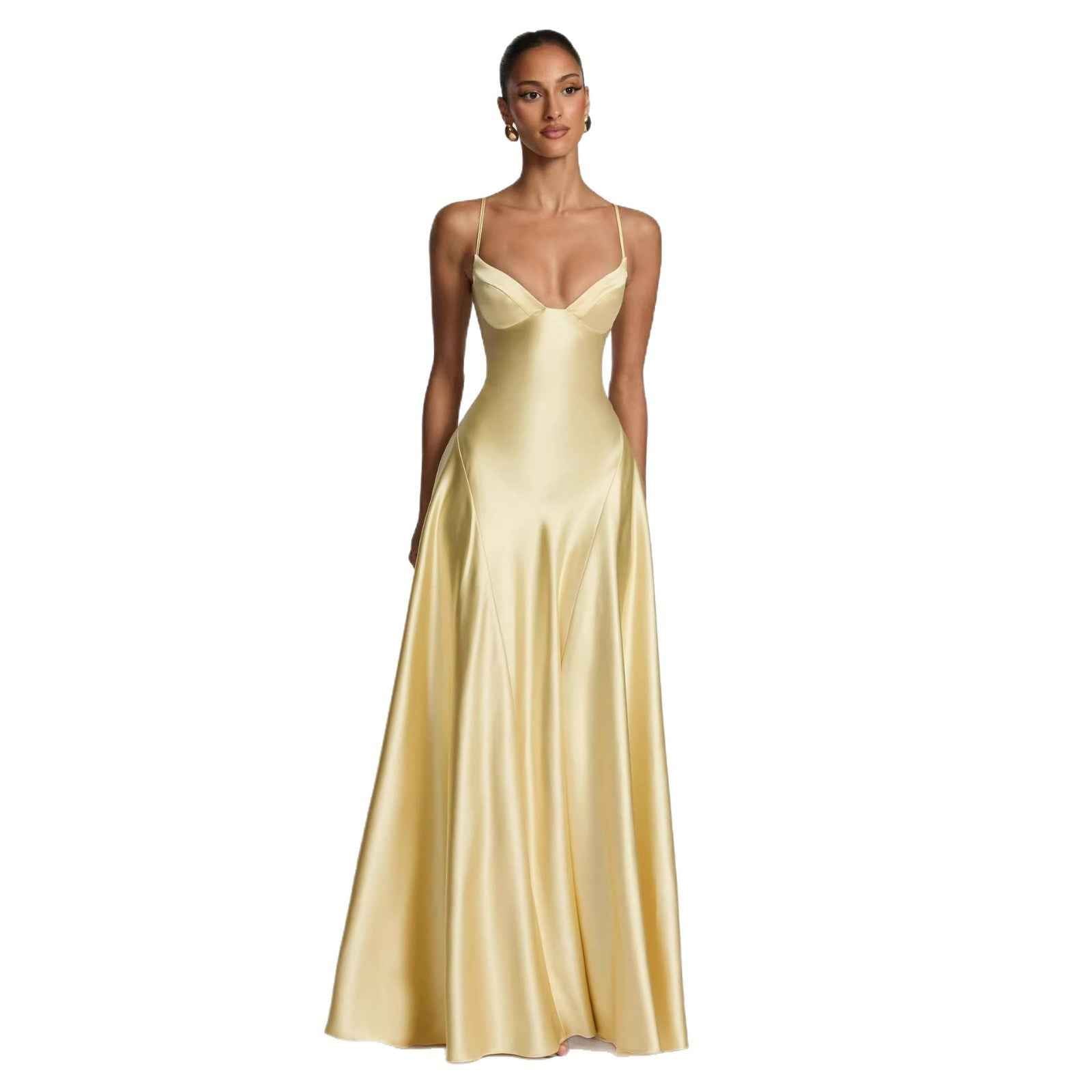 Satin Strapless Waist-cinching Maxi Evening Gown With A Deep V-neck And A Full Skirt In Satin