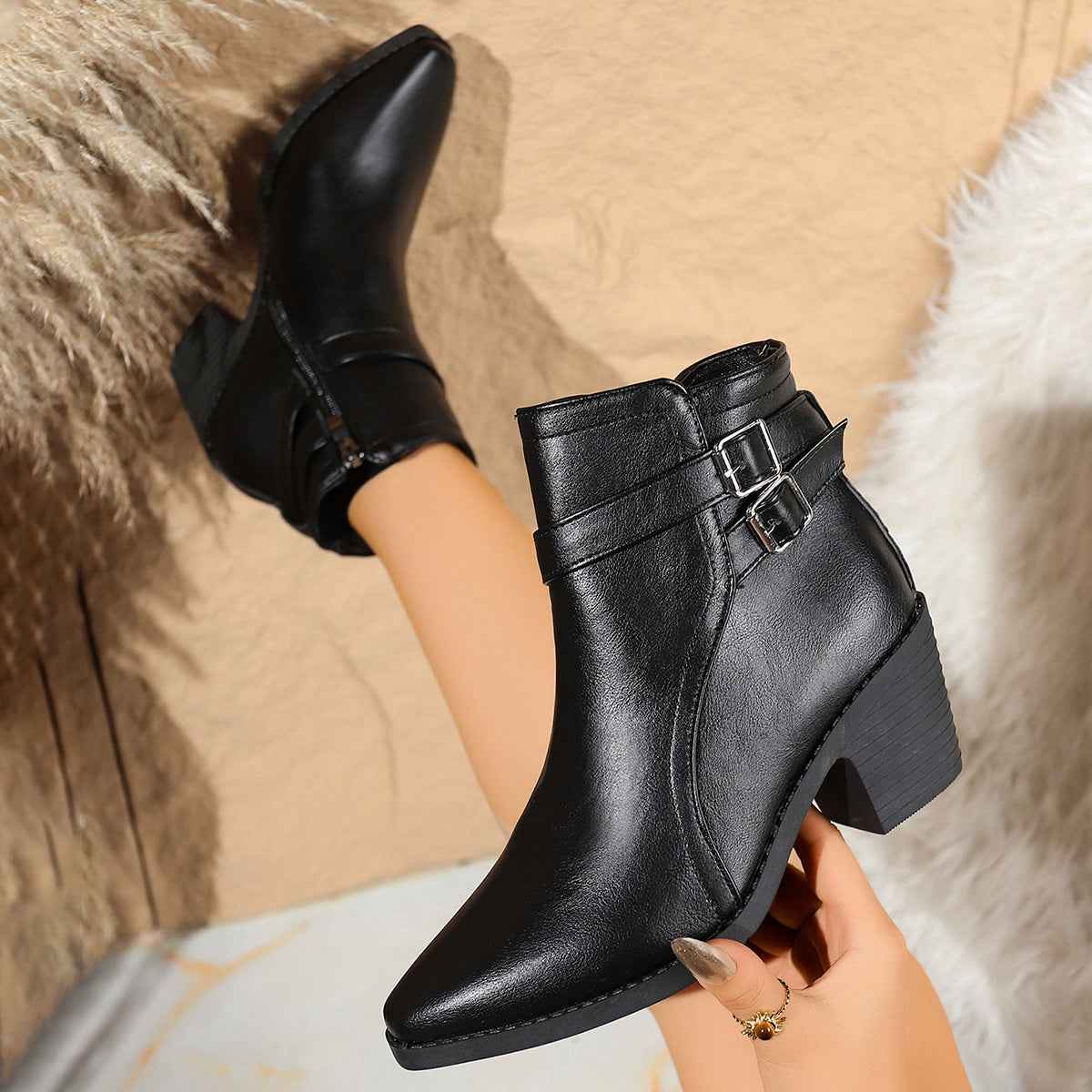 Chunky Heel Ankle Boots — Belt Buckle, Pointed Toe