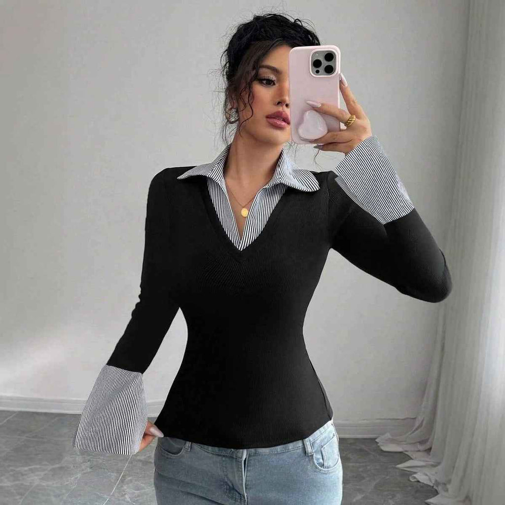 Womens Long-Sleeve Fashionable Casual Lapel T-Shirt
