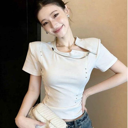 Chain-Link Zipper Short Sleeve Top | Women's Cotton T-Shirt