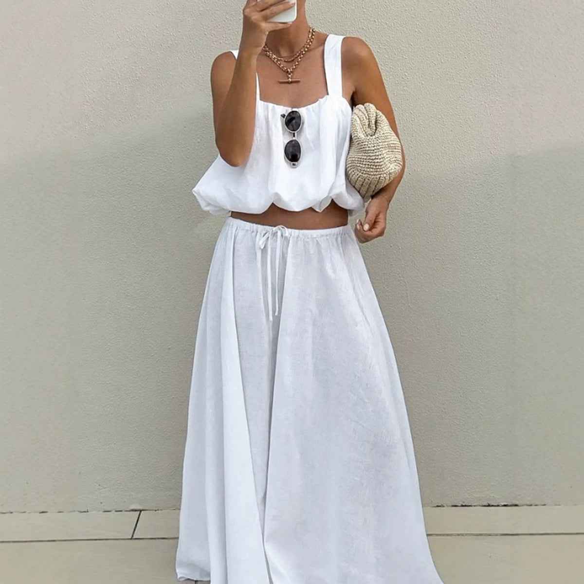 Women's White Cotton-Linen Vest & Flared Midi Skirt Two-Piece Set