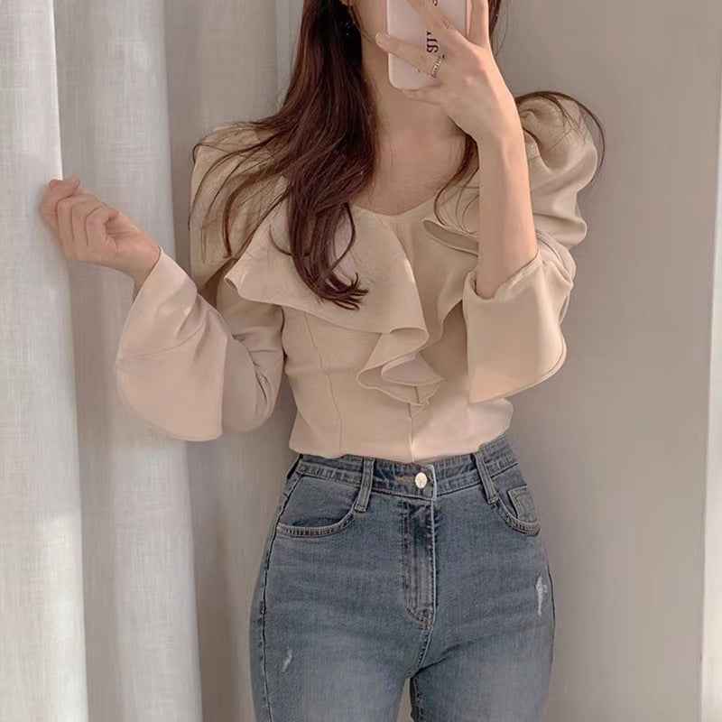 Ruffle-Sleeve Slim-Fit Chiffon Shirt