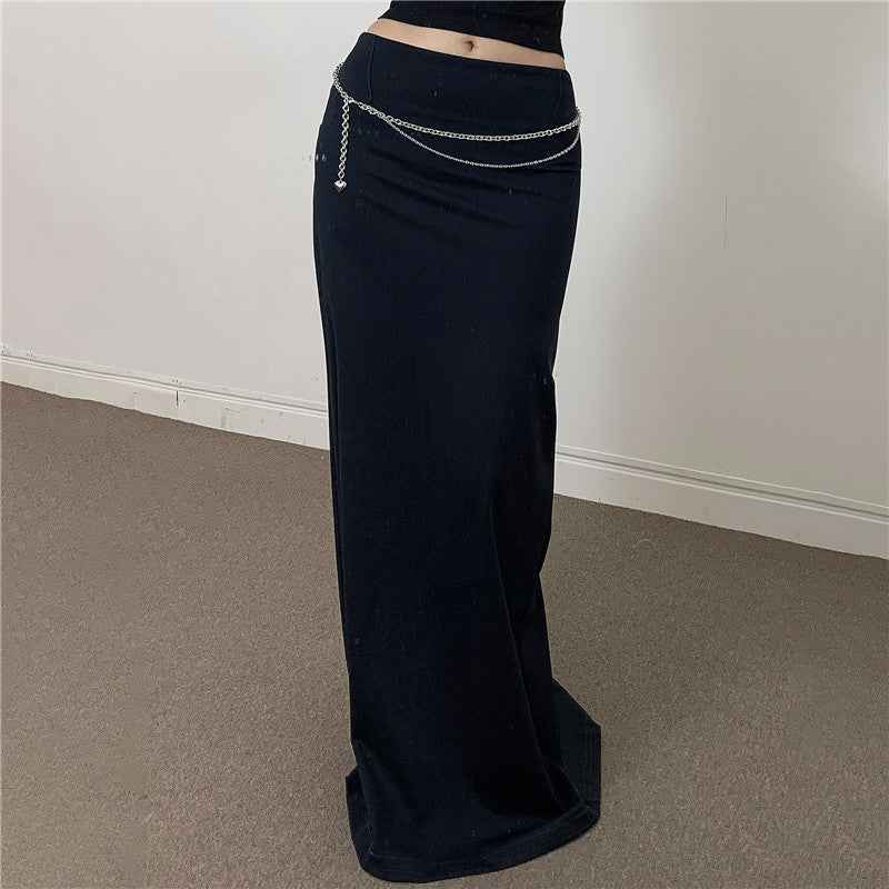 Knitted Slim-fit Solid-color One-piece Slit Midi Skirt