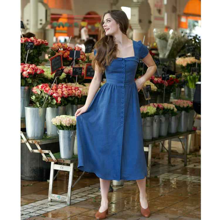Vintage Bohemian Linen Midi Dress – Square Neck Lantern Sleeve Flare Skirt