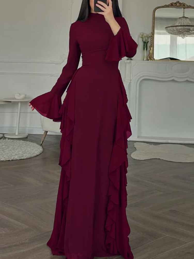 Mock Neck Flare Sleeve Ruffle Trim Solid Maxi Evening Dress