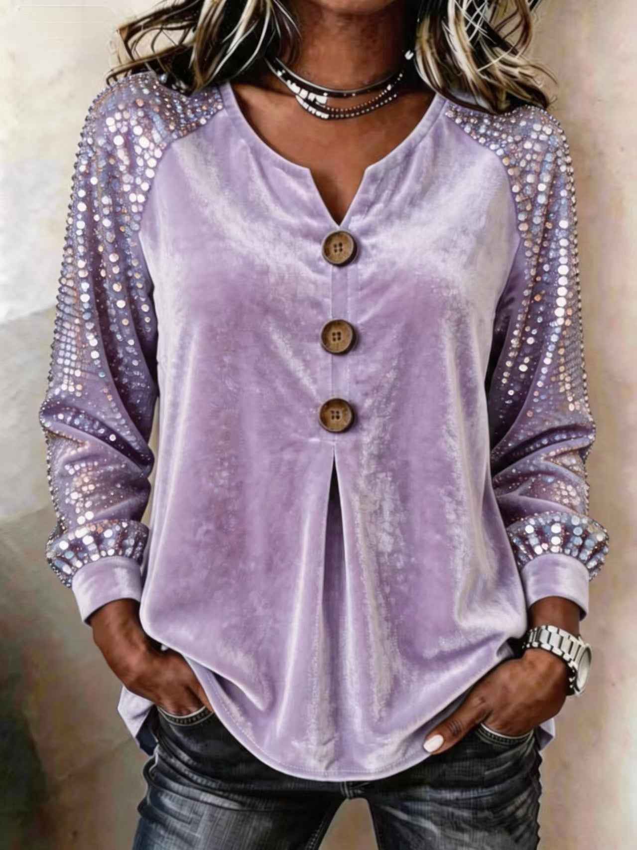 Button And Sequin Long-sleeve Womens Casual Top