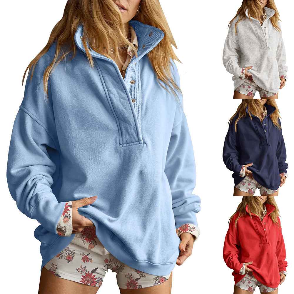 Women's Button-Neck Loose-Fit Long Sleeve Sweatshirt