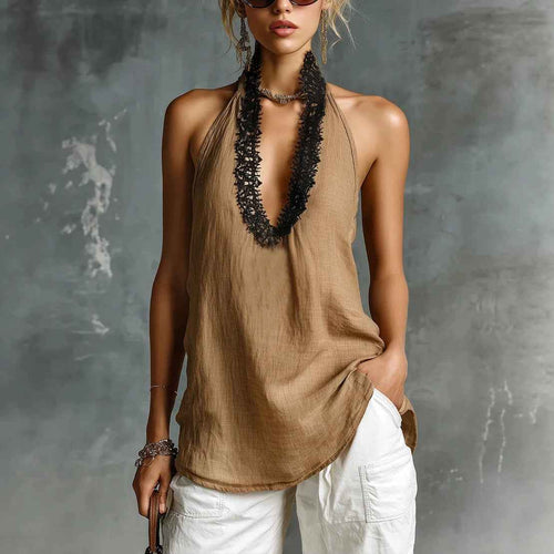 Cotton Linen Vest – V-Neck Sleeveless Halter Top with Lace Trim