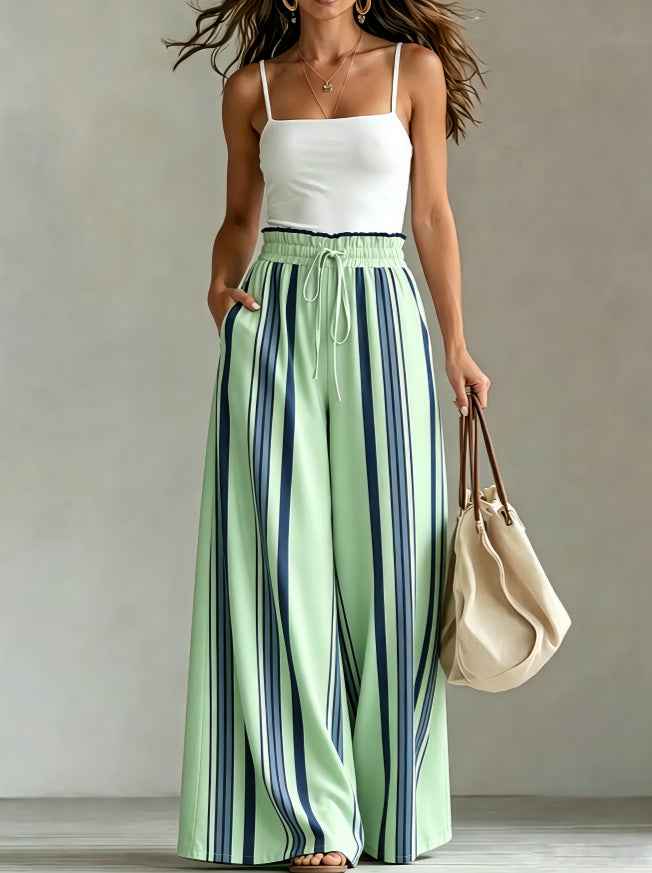 Womens Casual Striped Straight-leg Drawstring Wide-leg Pants