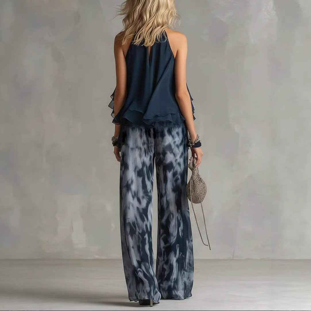 Women's Printed Chiffon Halter Top & Wide-Leg Pants Set — Navy Blue, S–2XL