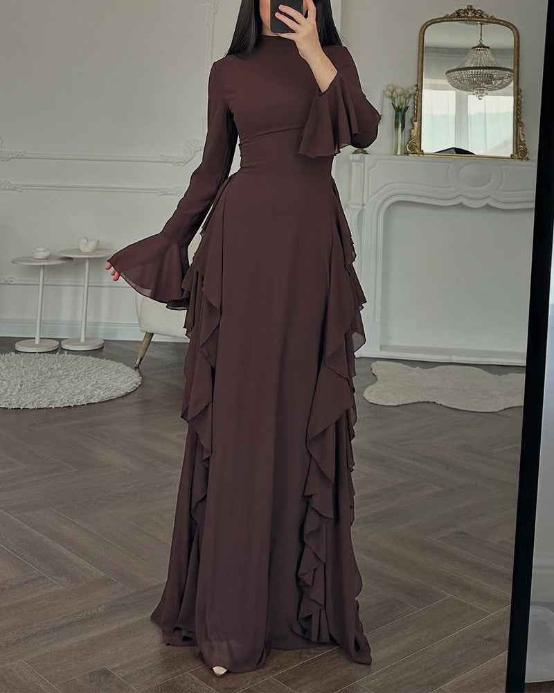 Mock Neck Flare Sleeve Ruffle Trim Solid Maxi Evening Dress