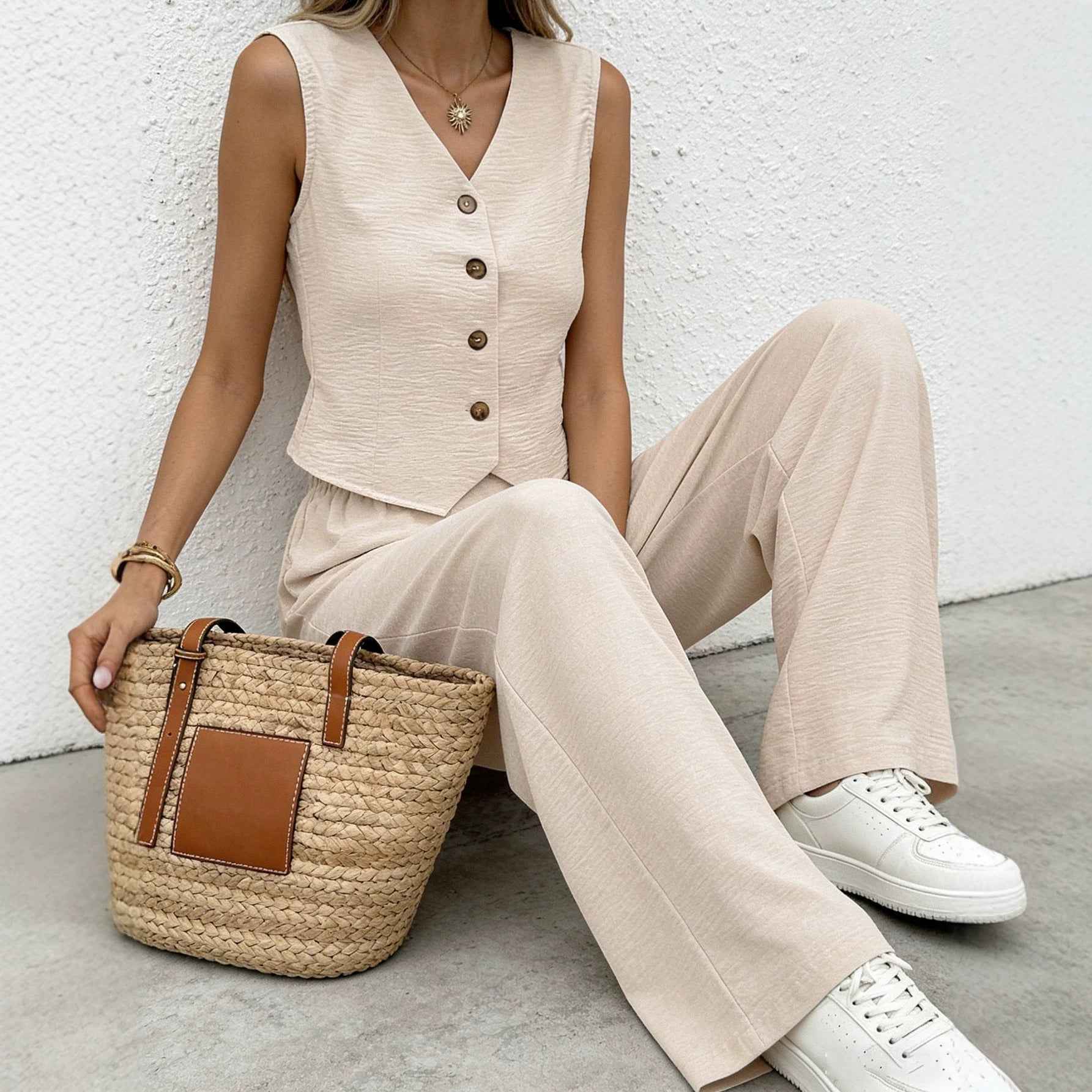 Button-Front Vest & Wide-Leg Trousers Two-Piece Set
