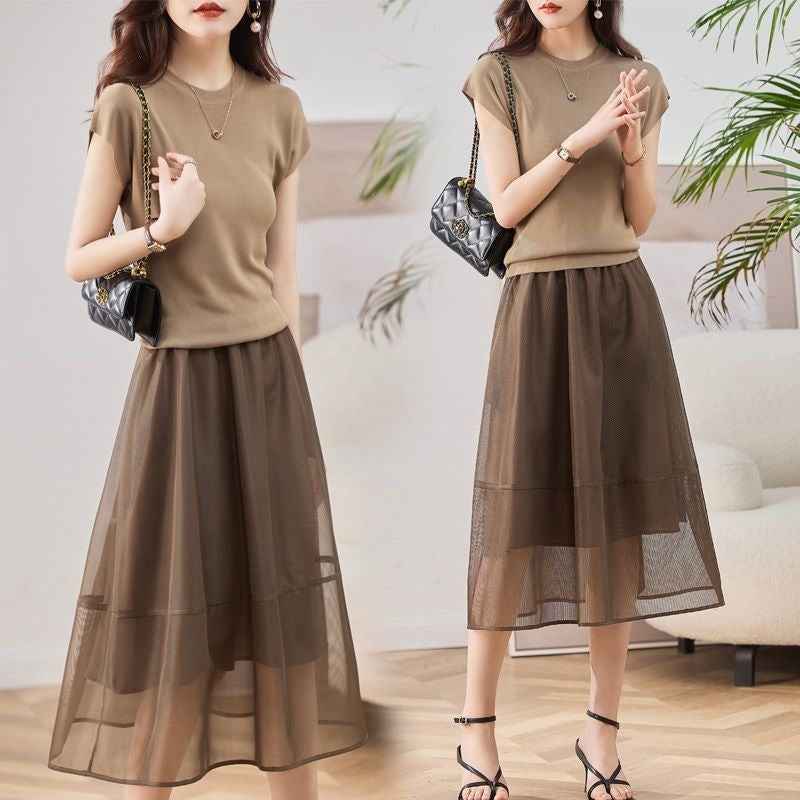 New Thin Ice-silk Knit Two-piece Set Dress