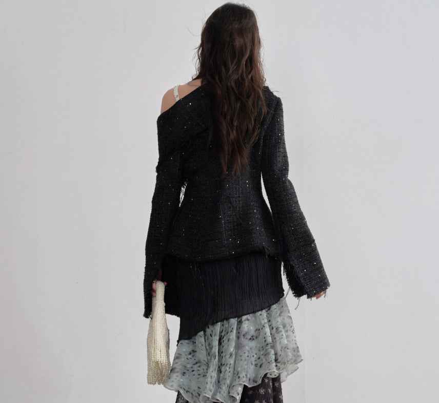 Slanted Front Jacket – Metal Button Detail, Long Sleeve, Black