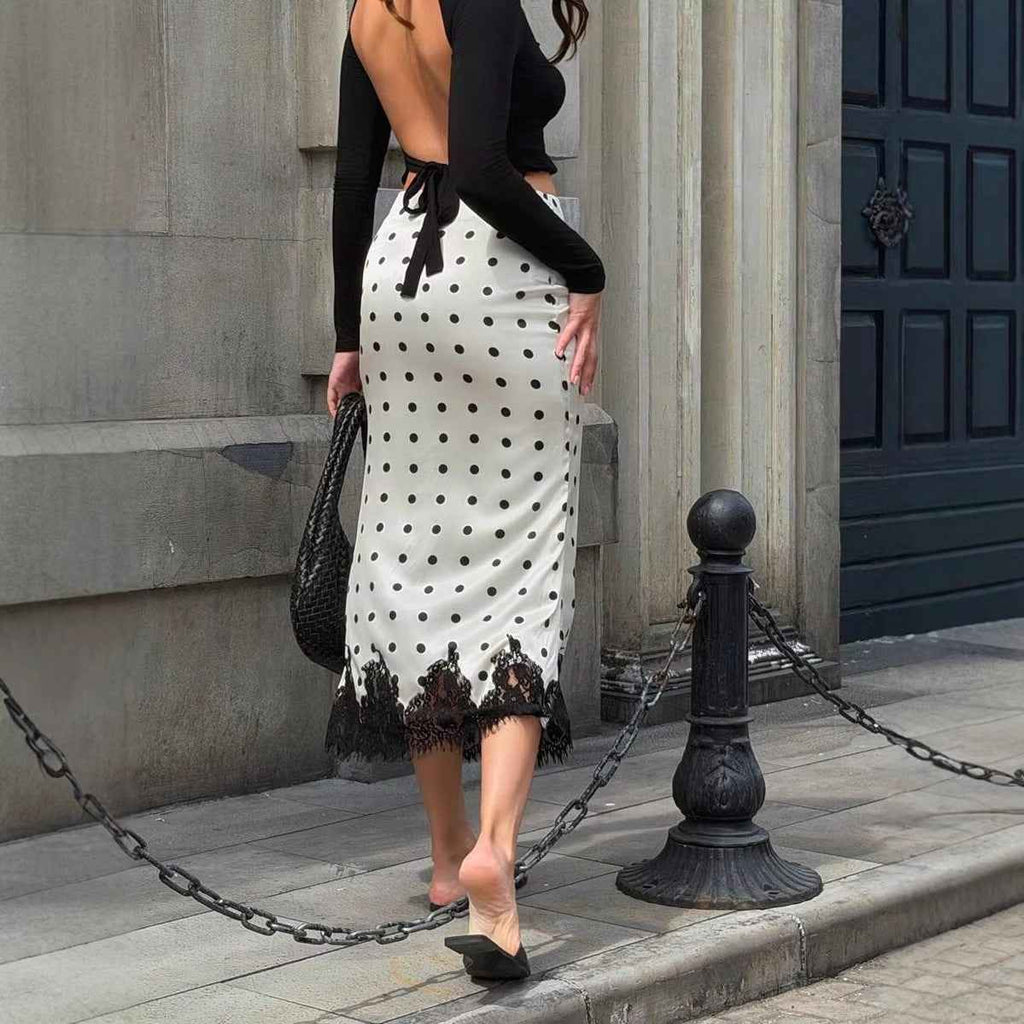 Polka-Dot Lace Panel Mid-Length Skirt – Sweet & Feminine