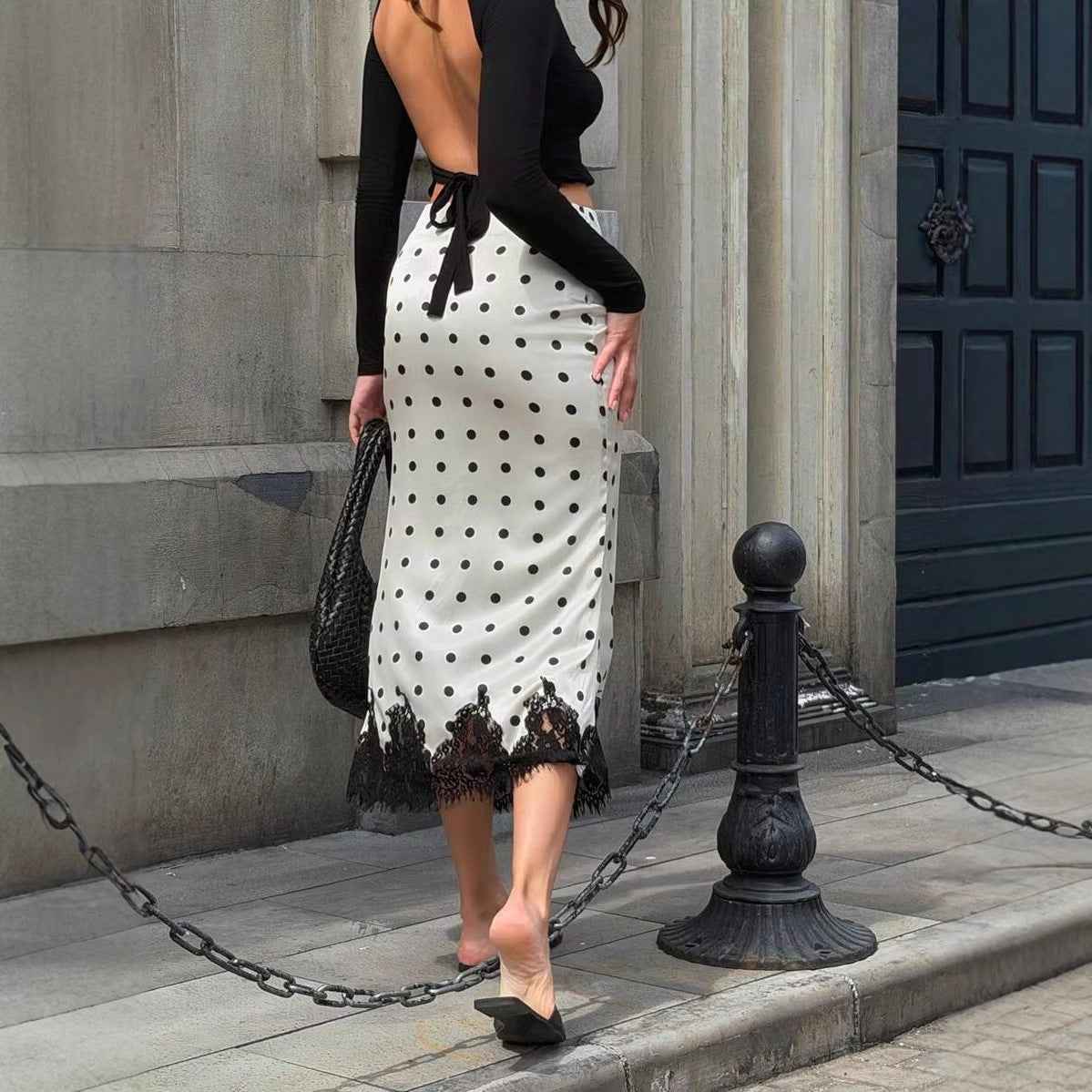 Polka-Dot Lace Panel Mid-Length Skirt – Sweet & Feminine