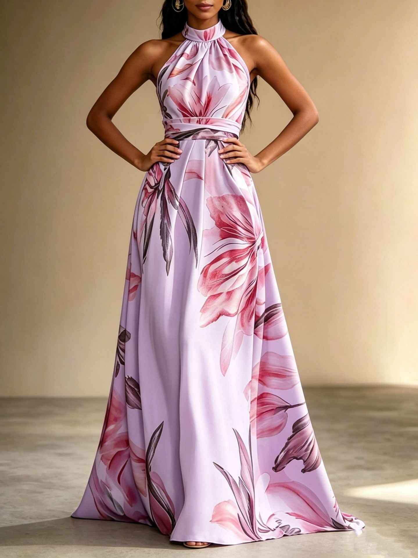 Sleeveless High-Waist Open-Back Floral Print Flared Hem Maxi Dress
