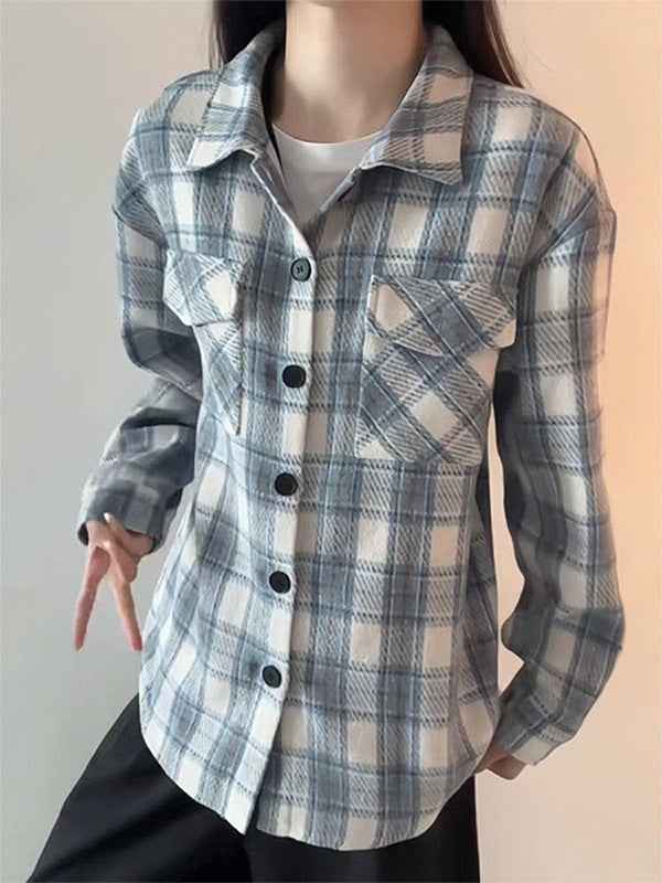 Sky Blue American Style Heavyweight Plaid Womens Shirt