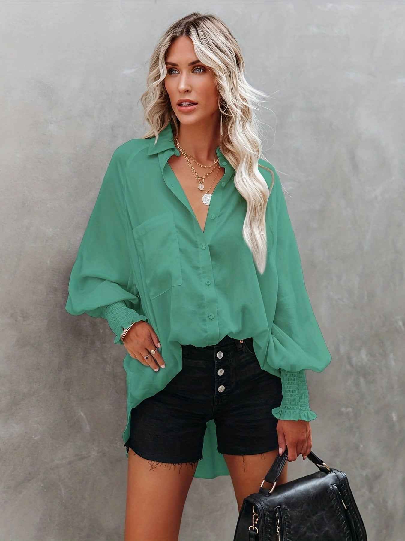 Printed Long-Sleeve Loose Blouse – Lapel Collar Mori Style