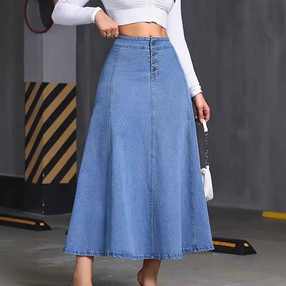 Womens Solid-Color Buttoned Hem Denim Skirt