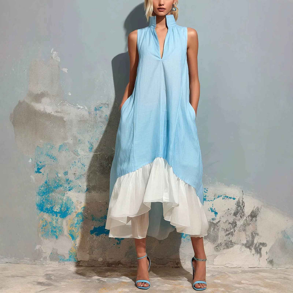 Women's Short-Sleeve V-Neck Asymmetric Ruffle Maxi Dress