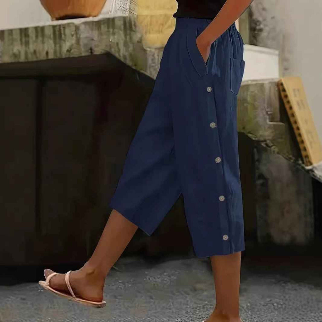 Women's High-Waist Solid Colour Cropped Trousers with Pockets