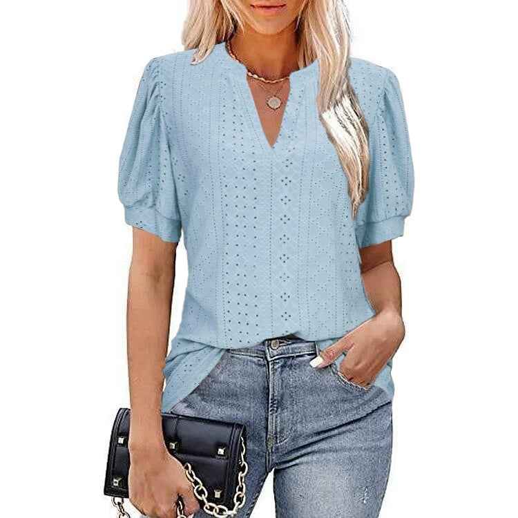 Women's Puff Sleeve V-Neck Top — Hollow-Out Loose Summer T-Shirt