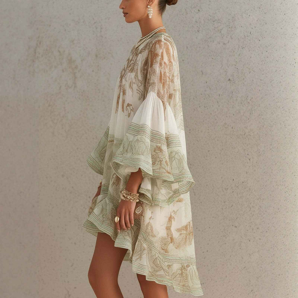 Chiffon Ruffle-Trim Midi Dress — Long Sleeve Resort Style