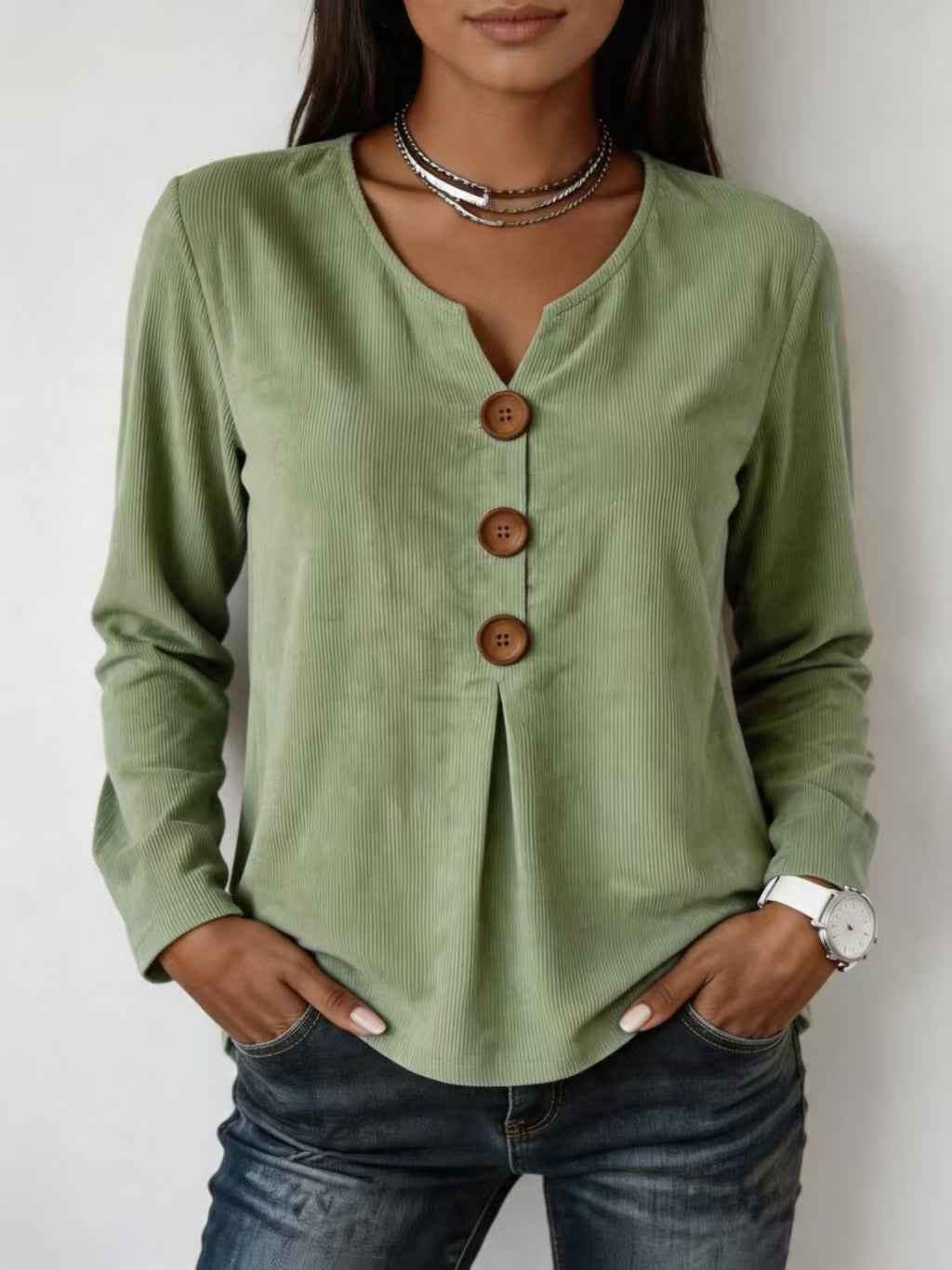V-neck Buttoned Fashion Casual Long-sleeve Top