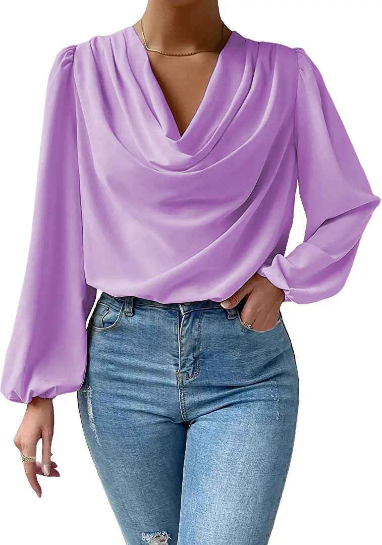 Chiffon Balloon-Sleeve Top — Ruffle Trim Pullover