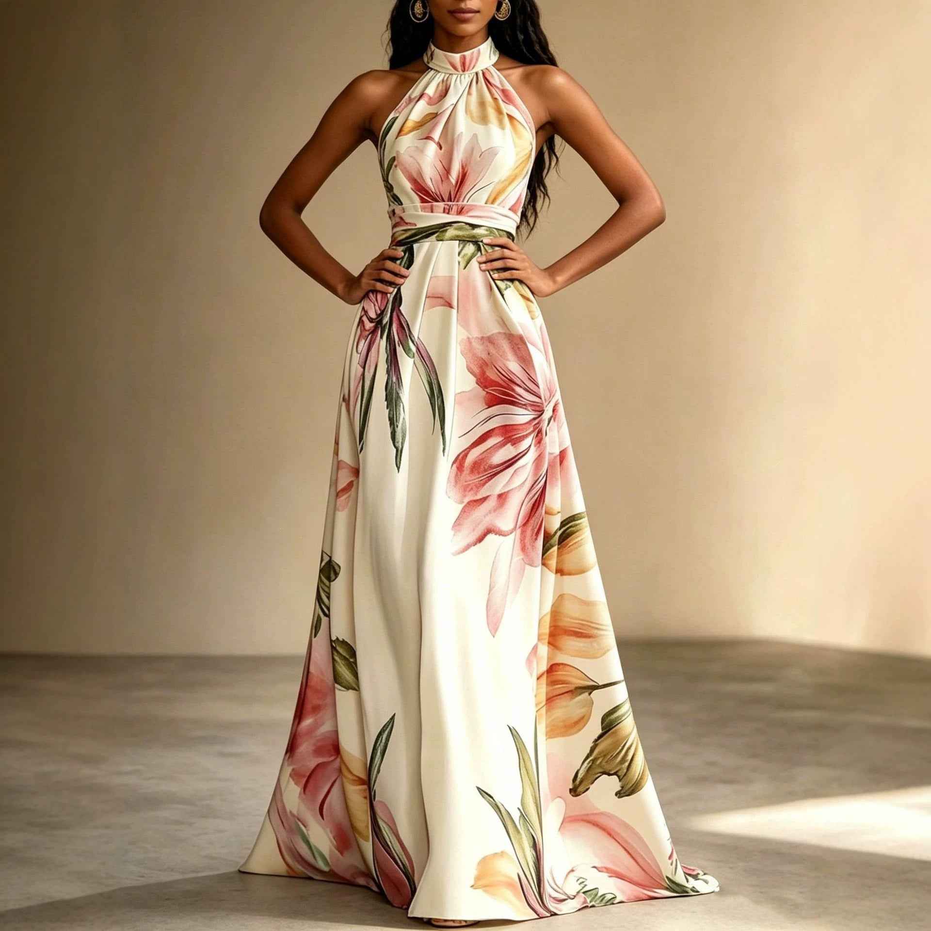 Sleeveless High-Waist Open-Back Floral Print Flared Hem Maxi Dress