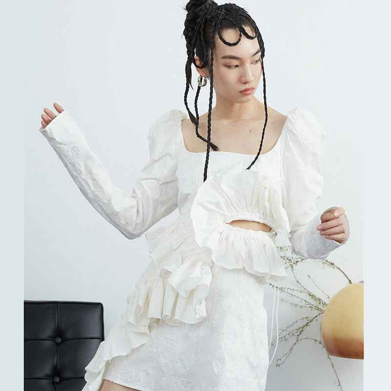 Women's White Floral Puff-Sleeve Ruffled Hem Dress — S–L