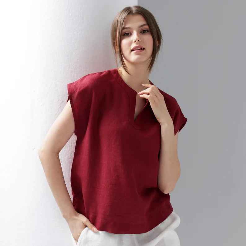 V-Neck Linen Short Sleeve Pullover Top