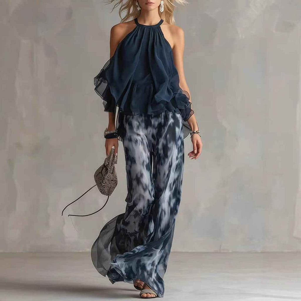 Women's Printed Chiffon Halter Top & Wide-Leg Pants Set — Navy Blue, S–2XL