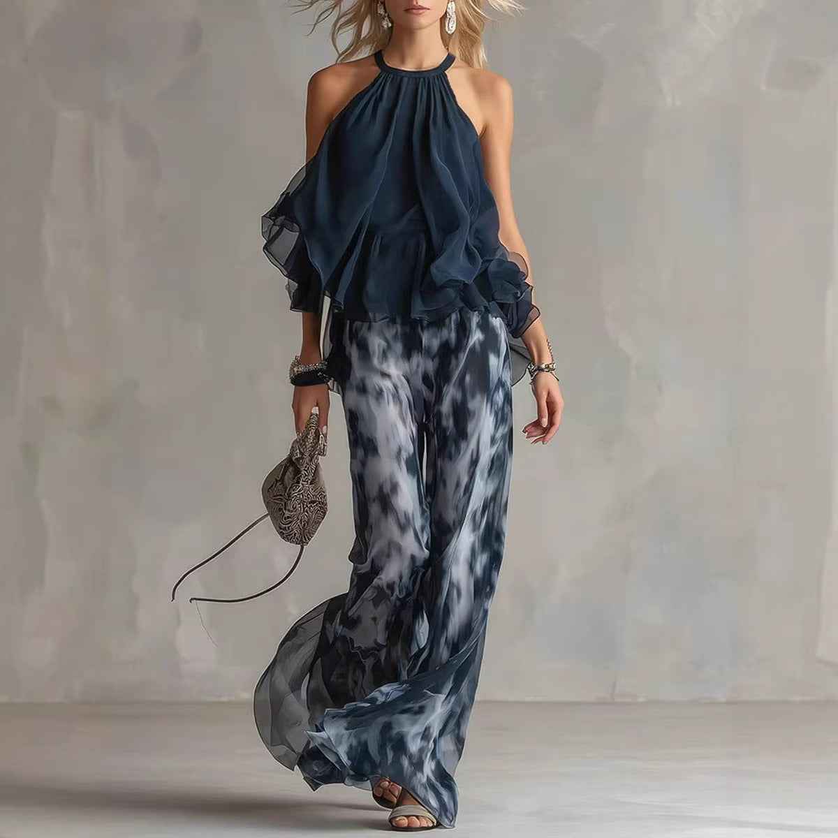 Women's Printed Chiffon Halter Top & Wide-Leg Pants Set — Navy Blue, S–2XL
