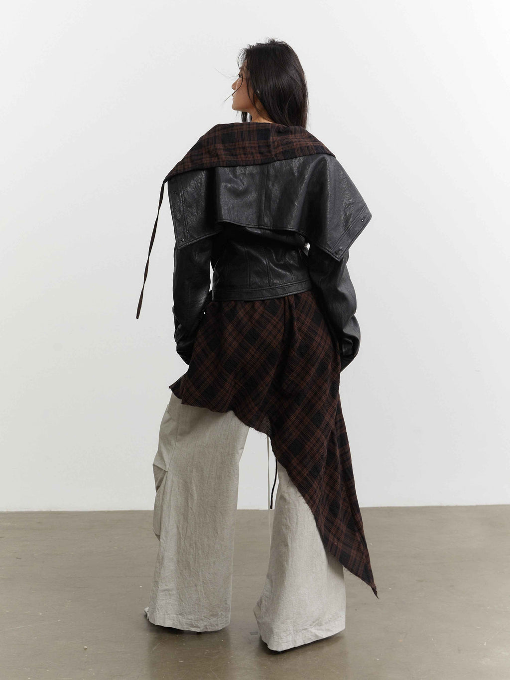 Women’s PU Leather Apron-Style Jacket – Checkered Moto Coat | S–L