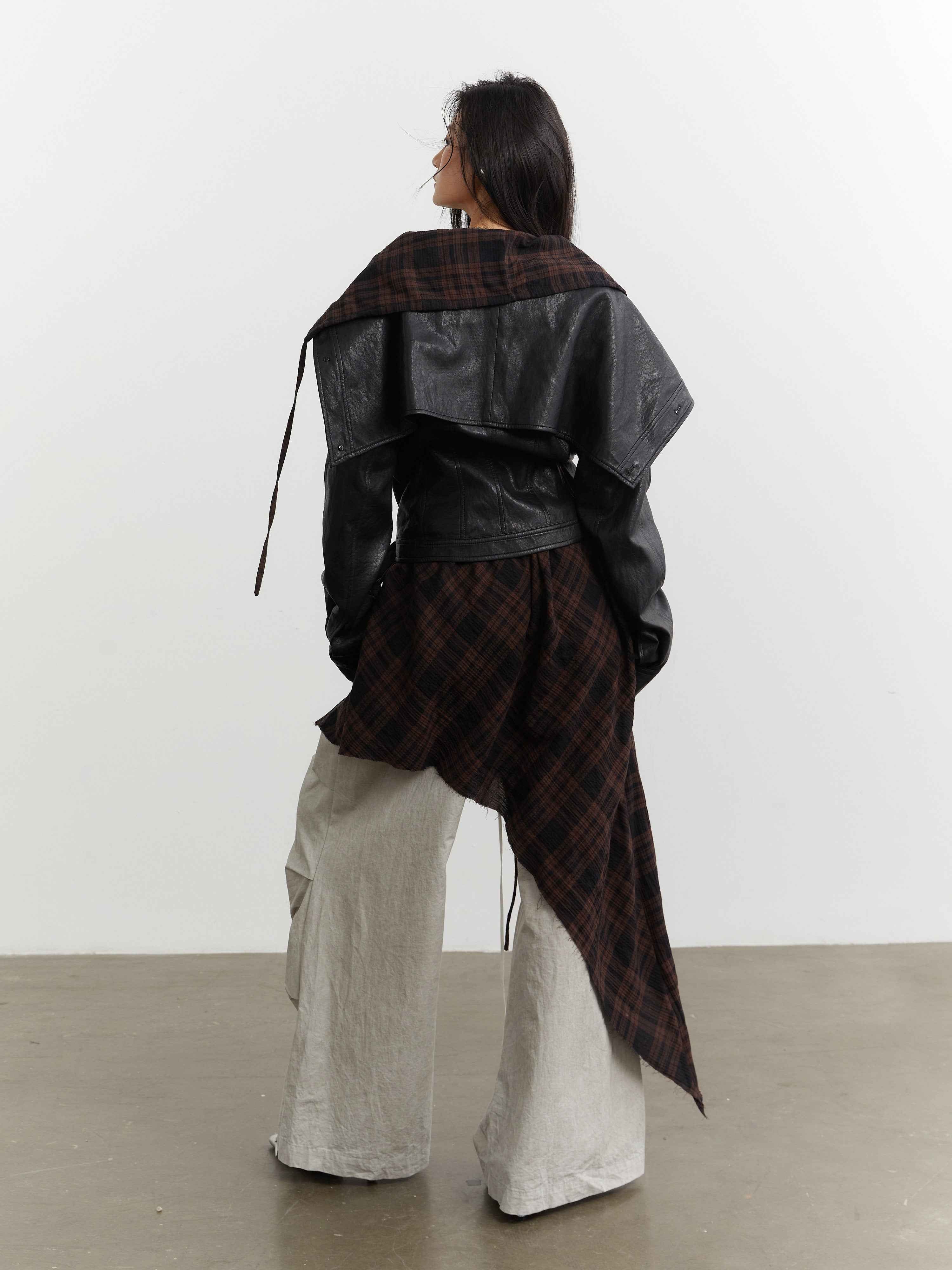 Women’s PU Leather Apron-Style Jacket – Checkered Moto Coat | S–L