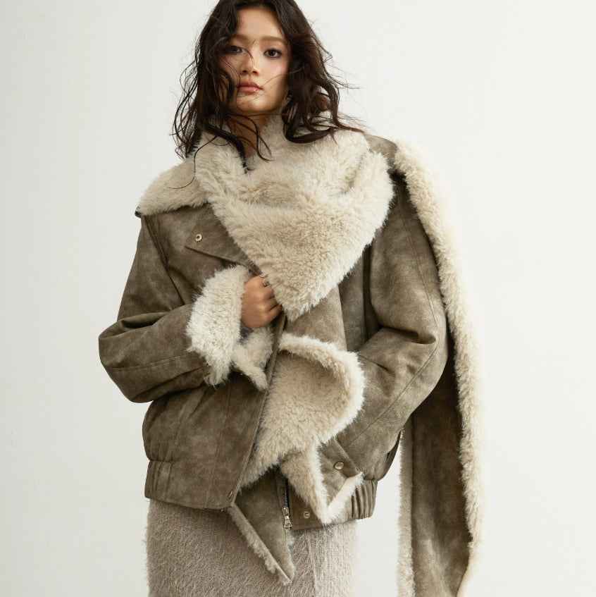 PU Leather Jacket – Detachable Fur Collar, Sand