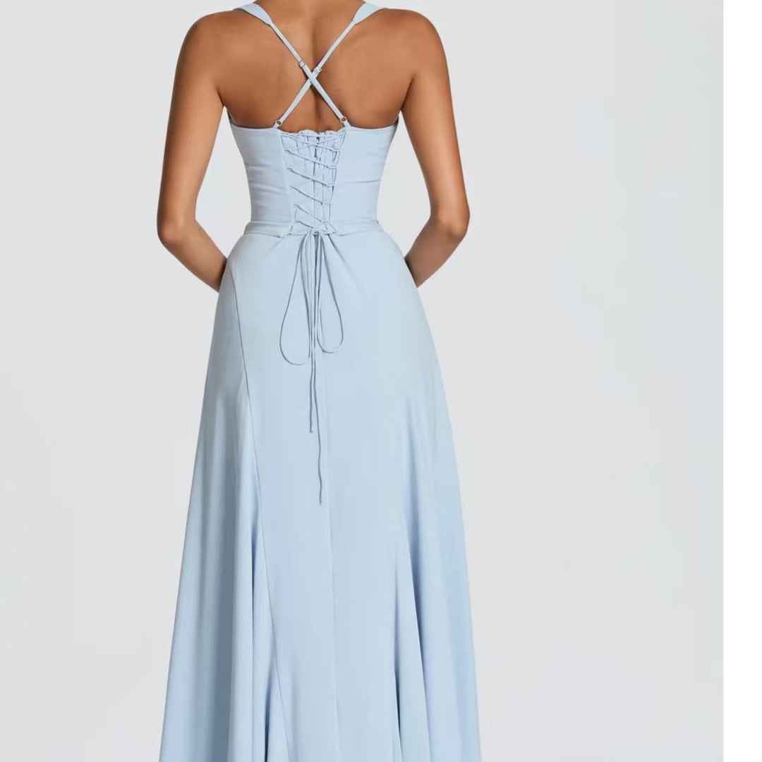Wide-Strap Knotted Waistline Long Dress