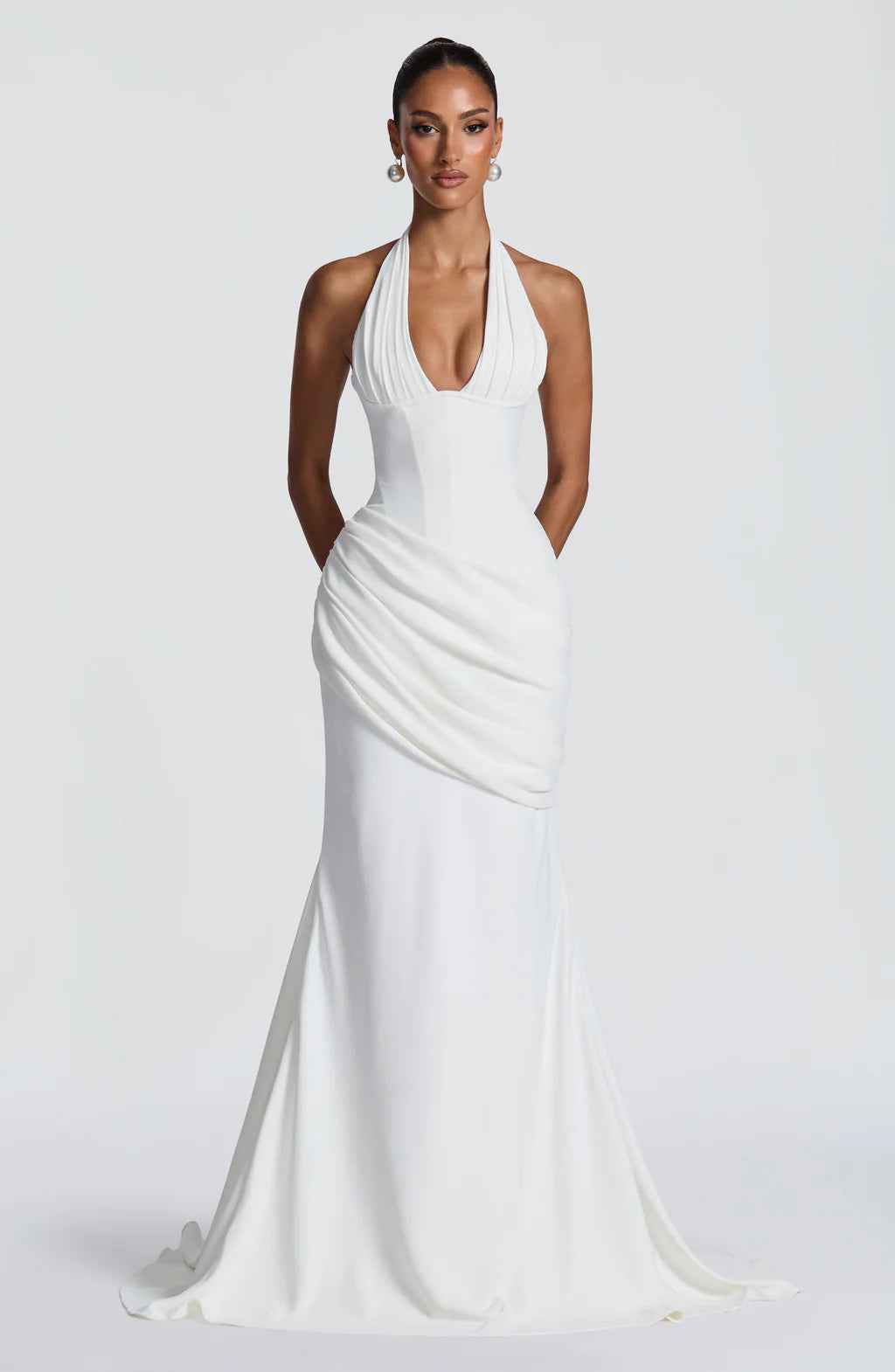 Halter-Neck Pleated A-Line Maxi Dress — Cinched Waist, Sleeveless, Elegant