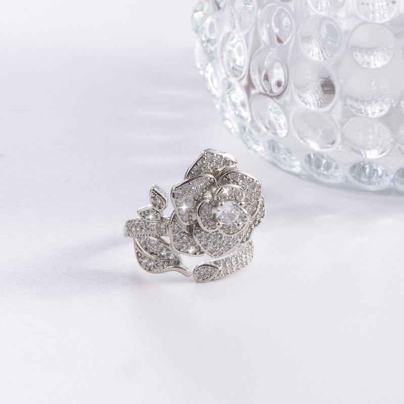 Fashionable Light-luxury High-end Diamond-studded Camellia Open Ring